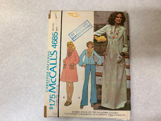 McCall's Sewing Pattern 4685 Misses' Dress, Top, Long Sleeves, Pullover, Collar, Pockets, Iron On Transfer, Two Lengths, Size 10-12, Cut, Vintage 1975