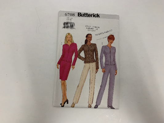 Butterick Sewing Pattern 6708 Misses'/Misses' Petite Top, Skirt, Pants, Fitted, Shoulder Pads, Front Zipper, Pockets, Long Sleeves, Slit, Size 6-10, Uncut, 2000