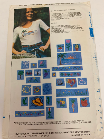 Butterick Sewing Pattern 3551 Set of Embroidery Transfers, Decorate, Jeans, Shirts, Anything, 30 Motifs, Seven Embroidery Stitches. Uncut, Vintage 1970's