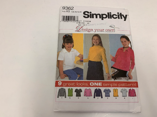 Simplicity Sewing Pattern 9362 Girls' Knit Top, Pullover, Round Neckline, Collar, Front Buttons, Long/Short Sleeves, Slit, Size 7-14, Uncut, 2000
