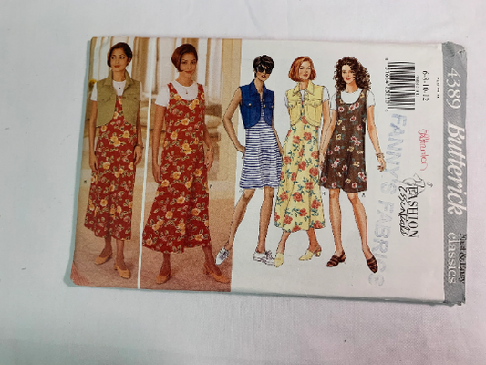 Butterick Sewing Pattern 4389 Misses' Vest, Top, Dress, Semi-Fitted, Collar, Zipper, Short Sleeves, Sleeveless, Button Front, Size 6-12, Uncut, Vintage 1996
