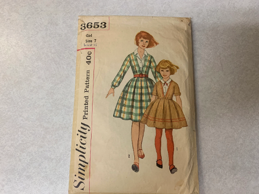 Simplicity Sewing Pattern 3653, Girls' One Piece Dress, Detachable Dickey, Long/Short Sleeves, Collar, Front Button, Size 7, Cut, Vintage 1950