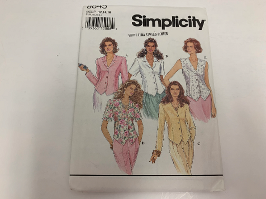 Simplicity Sewing Pattern 8845 Misses' Blouse, Tops, Semi-Fitted, Button Front, Back Ties, Long Short Sleeves, Sleeveless, Size 16, Cut, Vintage 1994