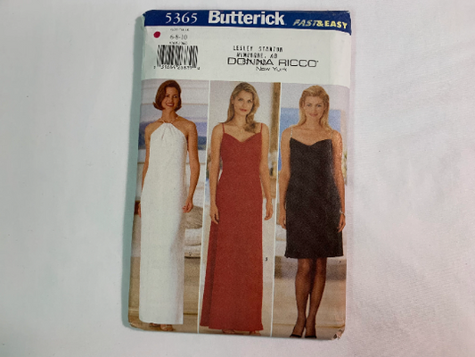 Butterick Sewing Pattern Donna Ricco 5365 Misses'/Misses' Petite Dress, Two Lengths, Close-Fitting, Shoulder Straps, Zipper, Draped Front, Pleats, Size 6-10, Uncut, Vintage 1998
