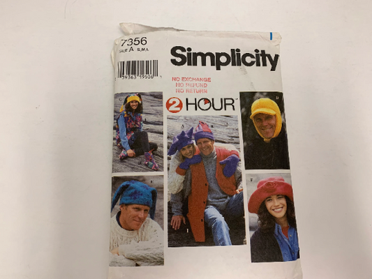 Simplicity Sewing Pattern 7356 Unisex Hats, Toques, Mitts, Booties, Vest, Outerwear, Accessories, Jester, Fringe, Ear Flaps, Size 34-44, Cut, Vintage 1996