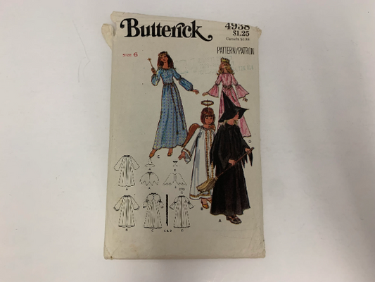 Butterick Sewing Pattern 4938 Girls' Costumes, Halloween, Fairy Godmother, Princess, Angel, Witch, Size 6, Cut, Vintage 1980