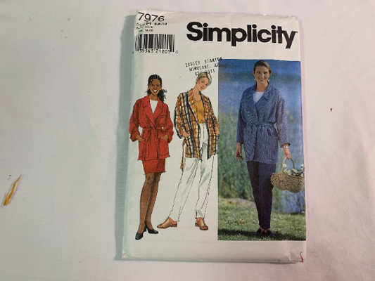 Simplicity Sewing Pattern 7976 Misses' Skirt, Pants, Jacket, Shoulder Pads, Zipper, Collar, Pockets, Slim, Tie Belt, Slit, Size 6-10, Uncut, Vintage 1997