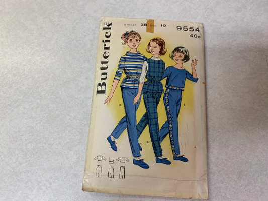 Butterick Sewing Pattern 9554 Girls' Overblouse, Top, Pants, Slim, Back Button, Cowl Collar, Flap Pocket, Sleeveless, Size 10, Cut, Vintage 1960