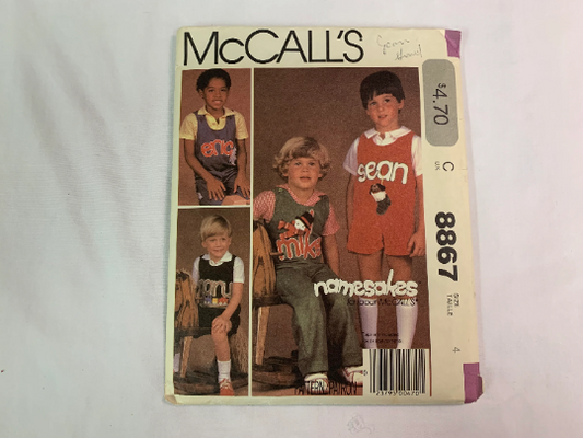 McCall's Sewing Pattern 8867 Toddlers', Children's Jumpsuits, Transfers, Two Lengths, Buttoned Shoulder, Scoop Neckline, Size 4, Cut, Vintage 1983