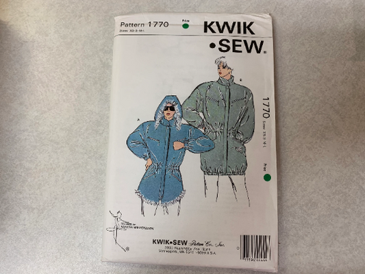 KWIK Sewing Pattern 1770 Misses' Jackets, Loose Fitting, Long Sleeves, Pockets, Collar, Cuffs, Drawstring, Hood, Cut, Vintage 1988