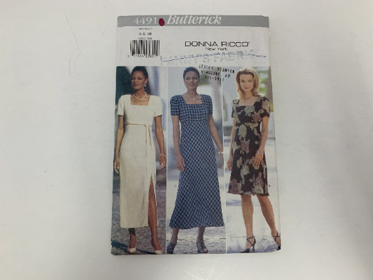 Butterick Sewing Pattern 4491 Misses' Dress, Two Lengths, Shoulder Pads, Fitted, Flared, Back Zipper, Front Slit, Sleeves, Size 6-10, Uncut, Vintage 1996