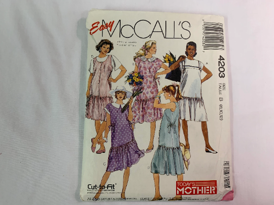 McCall's Sewing Pattern 4203, Misses' Maternity Dress, Jumper, Collar, 5 Variations, Gathered Skirt, Front Button, Size 8-12, Cut, Vintage 1989