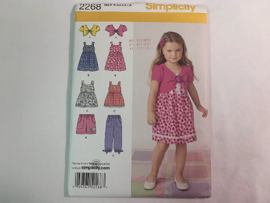 Simplicity Sewing Pattern 2268 Girls' Dress, Top, Shorts, Pants, Knit Pullover Top, Size 3-8, Uncut, 2010