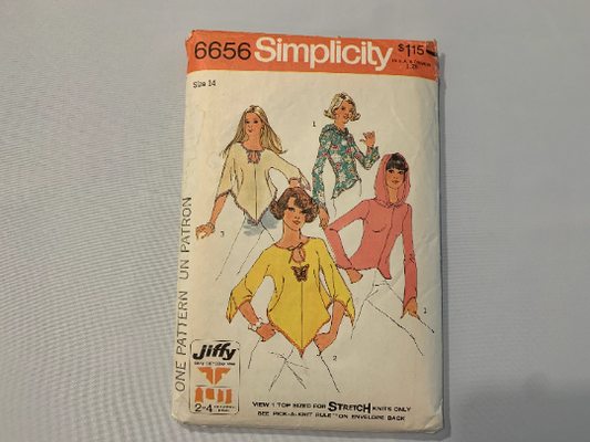 Simplicity Jiffy Sewing Pattern 6656 Misses' Junior, Teens, Pullover Tops, Blouses, Shirts, Long Sleeves, Collar, Ruffles, Hood, Size 14, Cut, Vintage 1974
