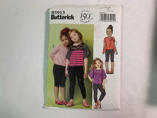 Butterick Sewing Pattern B5913 Girls' Top, Leggings, Pullover, Bow, Flounces, Long/Short Sleeves, Ruffles, Two Lengths, Size 6-8, Cut, 2013