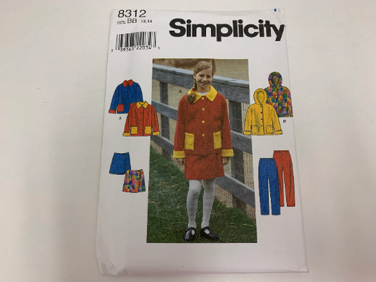Simplicity Sewing Pattern 8312 Girl's Button Front Jacket, Skirt, Pants, Pockets, Long Sleeves, Elastic Waist, Pull-On, Size 12-14, Uncut, Vintage 1988