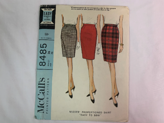 McCall's Sewing Pattern 8485 Misses' Skirt, Zipper, Knee Length, Hooks, Waistband, Slim, Slit, Pleats, Waist 26 Inches, Cut, Vintage 1966