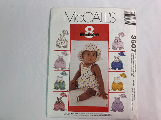 McCall's Sewing Pattern 3607 Infants' Romper, Snap Crotch, Hat, Baby, Child's Play Clothes, Pocket, Size 13-24 Pounds, Uncut, 2002