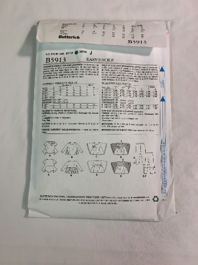 Butterick Sewing Pattern B5913 Girls' Top, Leggings, Pullover, Bow, Flounces, Long/Short Sleeves, Ruffles, Two Lengths, Size 6-8, Cut, 2013