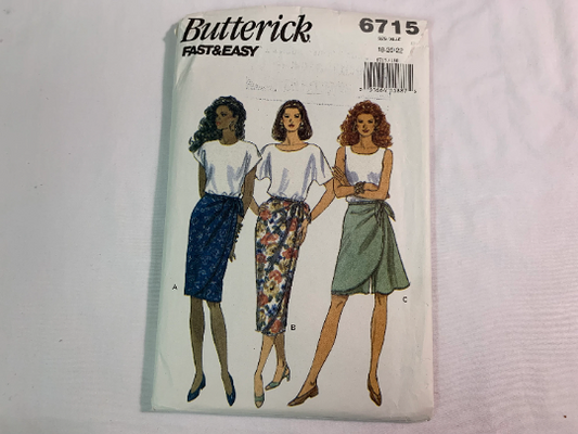 Butterick Sewing Pattern 6715 Misses' Skirt, Tapered, Two Lengths, Elastic Waist, Tie Ends, Size 18-22, Cut, Vintage 1993