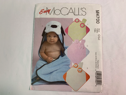McCall's Sewing Pattern M4700 Babies, Infants, Hooded Towels, Burp Pads, Face, Head Appliques, 3 Variations, Uncut