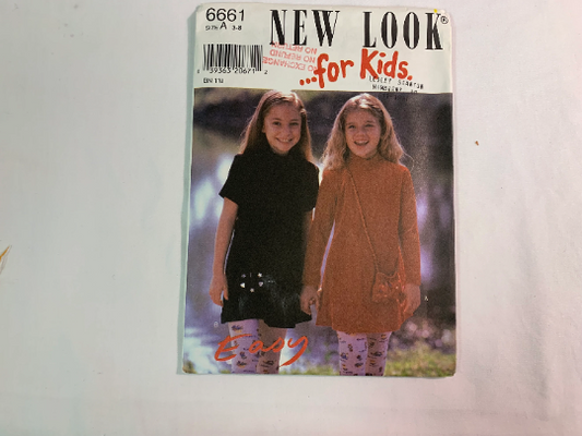 Simplicity New Look Sewing Pattern 6661 Girls' Dress, Jumper, Shoulder Purse, Long/Short Sleeves, Zipper, Collar, Above Knee Length, Size 3-8, Uncut, Vintage 1999