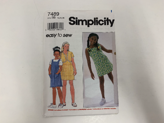 Simplicity Sewing Pattern 7489 Girls' Dresses, Jumper, Jacket, Sleeveless, Zipper, Short Sleeves, Pockets, Two Lengths, Size 12-14, Uncut, Vintage 1997