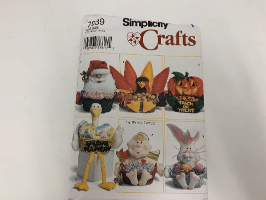 Simplicity Sewing Pattern 7039 Basket Decorations, Valentine, Easter Bunny, Pumpkin, Turkey, Santa, Stork, Beard, Moustache, Uncut, Vintage 1999