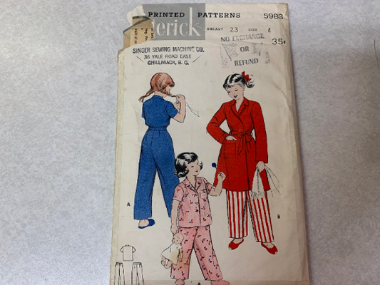 Butterick Vintage Sewing Pattern 5983 Girls' Pajamas and Robe, Pockets, Tailored, Short/Long Sleeves, Housecoat, Top, Pants, Size 4, Cut, Vintage 1960