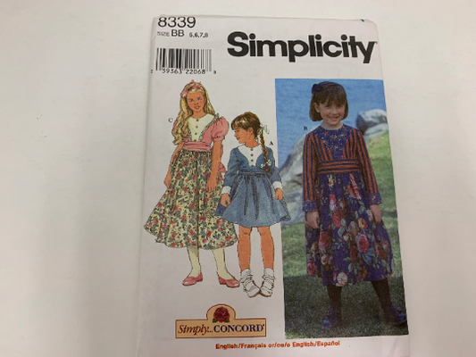 Simplicity Sewing Pattern 8339 Girls Dress, Two Lengths, Long/Short Sleeves, Zipper, Tie Back Sash, Ruffles, 3 Variations, Size 5-8, Uncut, Vintage 1998