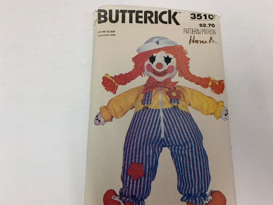Butterick Sewing Pattern 3510, Craft Learning Doll, Transfer, Clothing, Shoes, Buckles, Bow Tie, Hair Ties, Iron-On, 24" Doll, Stuffed, Toy, Uncut
