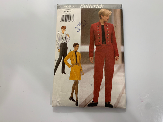 Butterick Sewing Pattern 3693 Misses'Misses' Petite Unlined Waist Jacket, Skirt & Pants, Collar, Zipper, Front Button, Loose-Fitting, Size 6-12, Cut, Vintage 1994