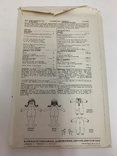 Butterick Sewing Pattern 3510, Craft Learning Doll, Transfer, Clothing, Shoes, Buckles, Bow Tie, Hair Ties, Iron-On, 24" Doll, Stuffed, Toy, Uncut