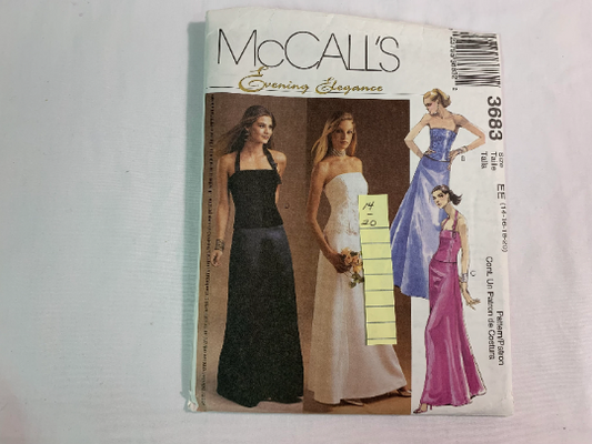 McCall's Sewing Pattern 3683 Misses'/Miss Petite Lined Tops, Skirt, Zipper, Floor Length, Evening Gown, Close Fitting, Straps, Size 14-20, Cut, 2002