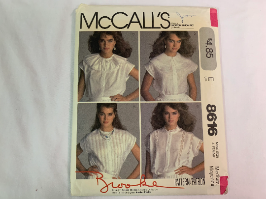 McCall's Sewing Pattern 8616 Misses' Tops, Blouses, Sleeveless, Pockets, Ruffled Collar, Extended Shoulders, Bow, Size 14-16, Cut, Vintage 1983