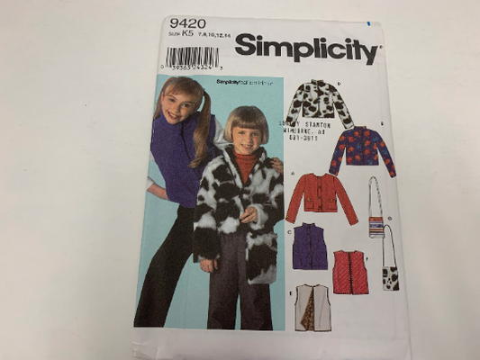 Simplicity Sewing Pattern 9420 Child's Girls'/Boys' Jacket, Vest, Shoulder Bag, Long Sleeves, Sleeveless, Collar, Pockets, Size 7-14, Uncut, 2000