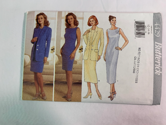 Butterick Sewing Pattern 4429, Misses' Jacket, Dress, Loose-Fitting, Unlined, Shoulder Pads, Long Sleeves, Sleeveless, Zipper, Size 12-16, Cut, Vintage 1996