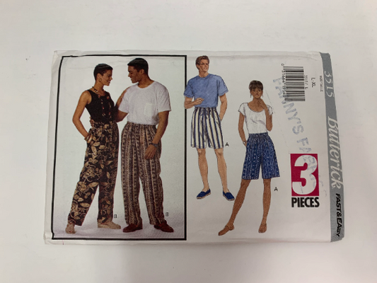Butterick Sewing Pattern 3515 Unisex Shorts and Pants, Wide Legged, Elastic Waist, Pull-On, Drawstring, Pockets, Size 36-44, Uncut, Vintage 1994
