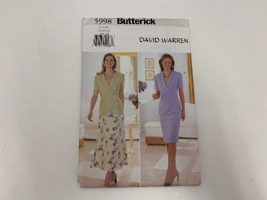 Butterick Sewing Pattern 5998 Misses' Top, Skirt, Shoulder Pads, Short Sleeves, Button Front, Zipper, A-Line, Size 8-12, Uncut, Vintage 1999