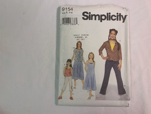 Simplicity Sewing Pattern 9154 Girl's Dress, Tops, Pull-On Pants, Two Lengths, Shorts, Sleeveless, Elastic Waist, Pullover, Size 7-16, Uncut, 2000