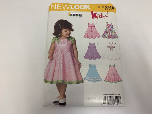 Simplicity New Look Sewing Pattern 6688 Girls' Dresses, Sleeveless, Pullover, Below Knee Length, Flared Skirt, High Waist, Size 1/2-4, Uncut, 2007