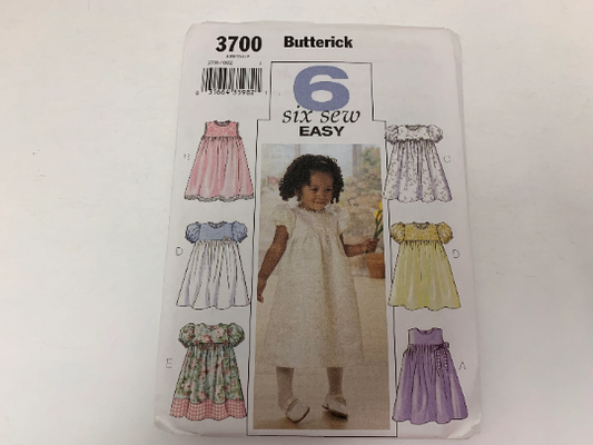 Butterick Sewing Pattern 3700 Toddlers' Dress, A-Line, Dirndl Skirt, Back Zipper, Sleeveless, Short Puffy Sleeves, Size 1-4, Uncut, 2002