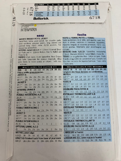 Butterick Sewing Pattern 6718 Misses' Jacket, Semi-Fitted, Shoulder Pads, Long Sleeves, 4 Variations, Pockets, Collar, Size 6-10, Uncut, 2000
