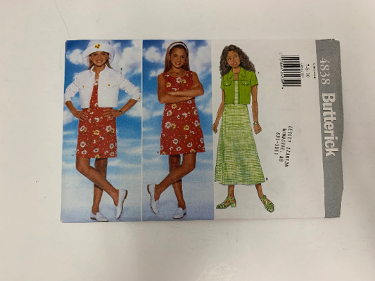 Butterick Sewing Pattern 4838 Girls' Jacket, Dress, Loose-Fitting, Unlined, Collar, Zipper, Short Sleeves, Two Lengths, Size 7-10, Uncut, Vintage 1997