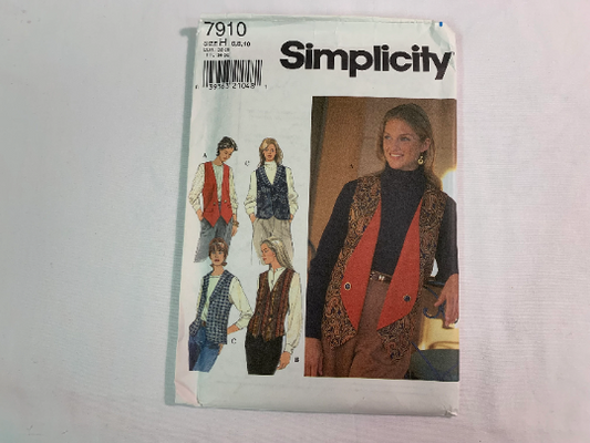 Simplicity Sewing Pattern 7910 Misses' Reversible Vests, Shawl Collar, Sleeveless, Button Front, Tie Back, Size 6-10, Uncut, Vintage 1995