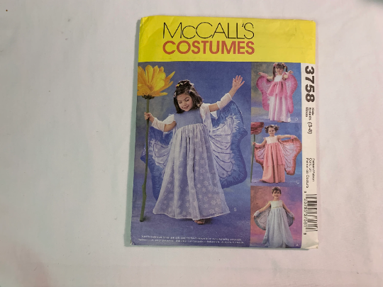 McCall's Sewing Pattern 3758 Children's/Girls' Fairy Costumes, Dress, Skirt, Zipper, Wings, Overskirt, Ruffles, Size 3-8, Uncut, 2002