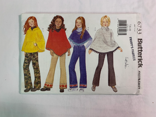 Butterick Sewing Pattern 6733 Girls' Poncho, Pants, Pullover, Neck/Length Variations, Hood, Collar, Pocket, Boot-Legged, Size 7-10, Uncut, 2000