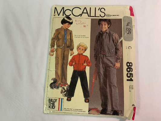 McCall's Sewing Pattern 8651 Boys' Unlined Jacket, Vest, Pants, Collar, Zipper Front, Pockets, Long Sleeves, Size 4, Cut, Vintage 1983