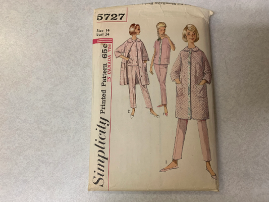 Simplicity Sewing Pattern 5727 Misses' Robes, Pajamas, Top, Pants, Kimono Long/Short Sleeves, Pockets, Button Front, Size 14, Cut, Vintage 1964