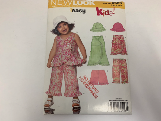 Simplicity New Look Sewing Pattern 6689 Girls' Toddlers' Dress, Hat, Top, Shorts, Pants. Size 1/2-4, Uncut, Vintage 1982